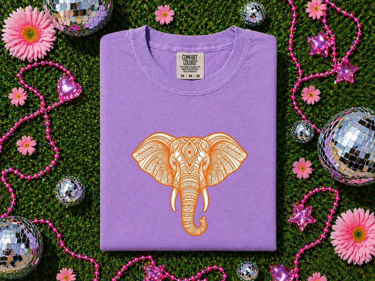Elephant Mandala Shirt, Orange Boho Elephant Graphic Tee