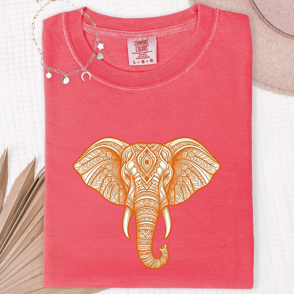 Elephant Mandala Shirt, Orange Boho Elephant Graphic Tee