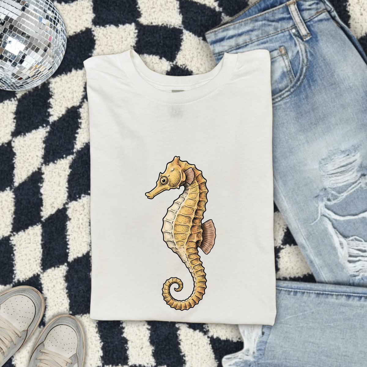 Seahorse Shirt, Golden Ocean Lover Graphic Tee