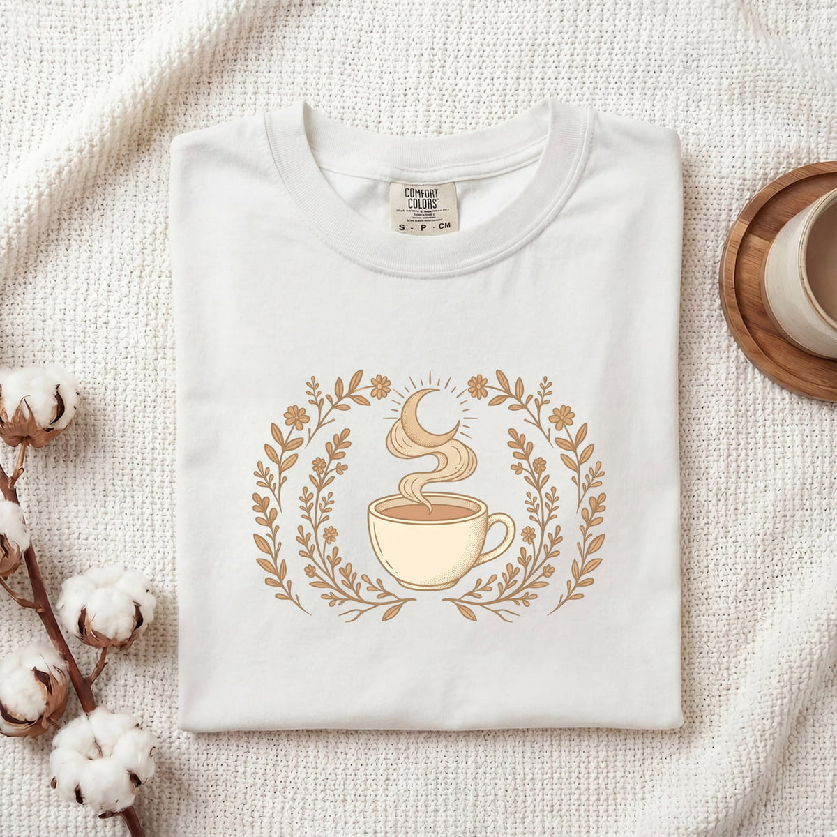 Boho Coffee Shirt, Celestial Moon & Floral Graphic Tee