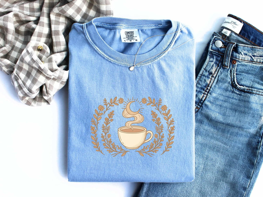 Boho Coffee Shirt, Celestial Moon & Floral Graphic Tee