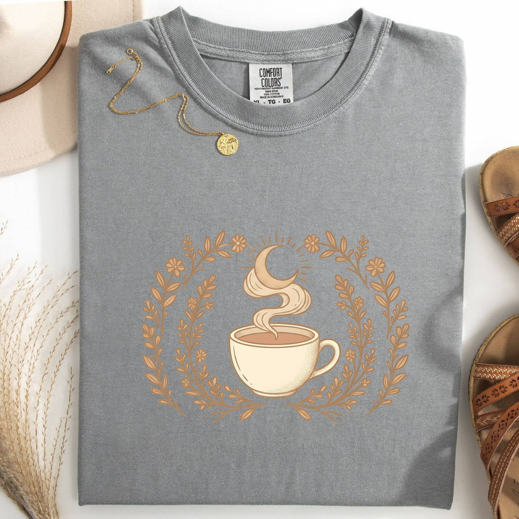 Boho Coffee Shirt, Celestial Moon & Floral Graphic Tee