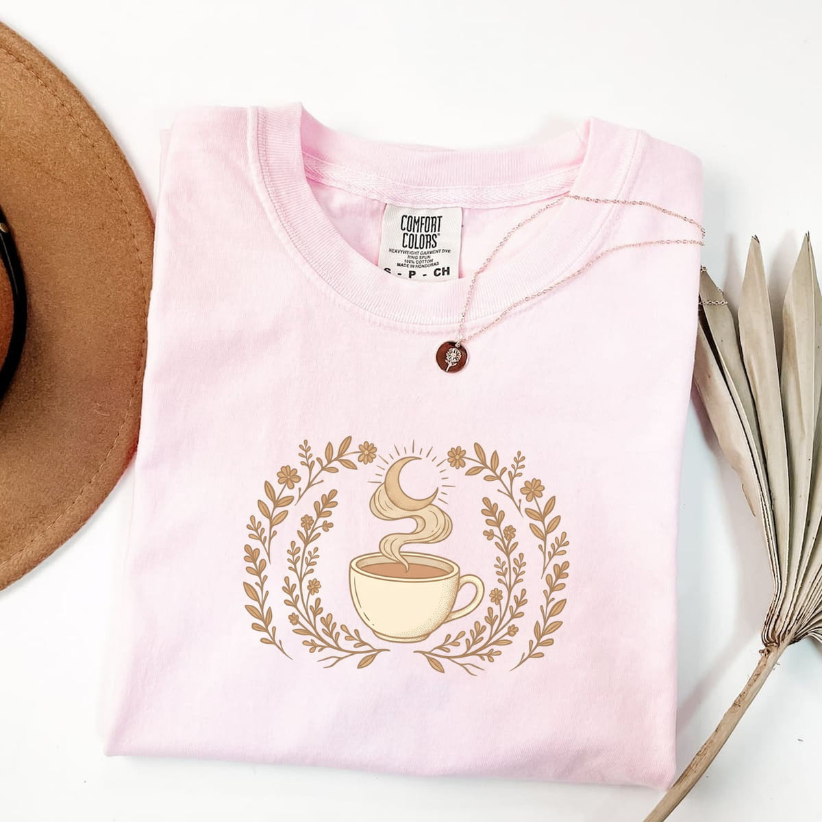 Boho Coffee Shirt, Celestial Moon & Floral Graphic Tee