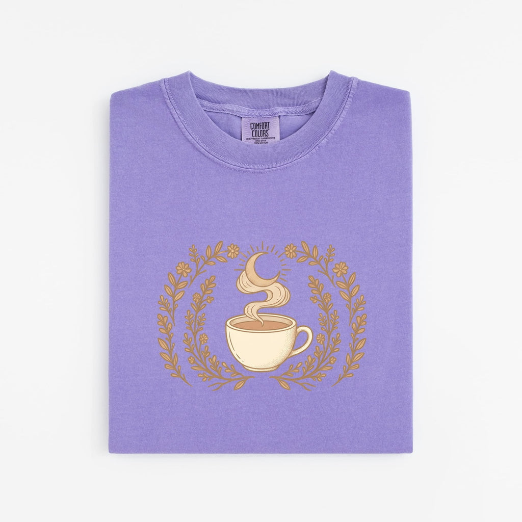 Boho Coffee Shirt, Celestial Moon & Floral Graphic Tee