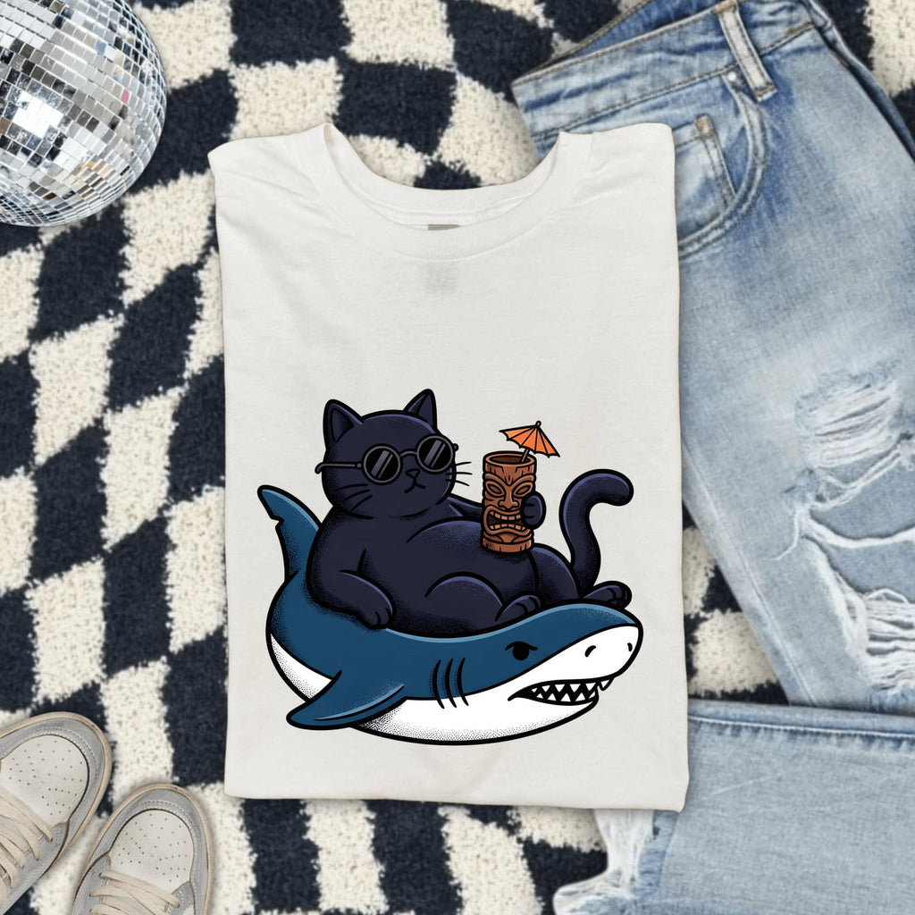Funny Cat Riding Shark Shirt, Cool Cat Beach Vacation Tee