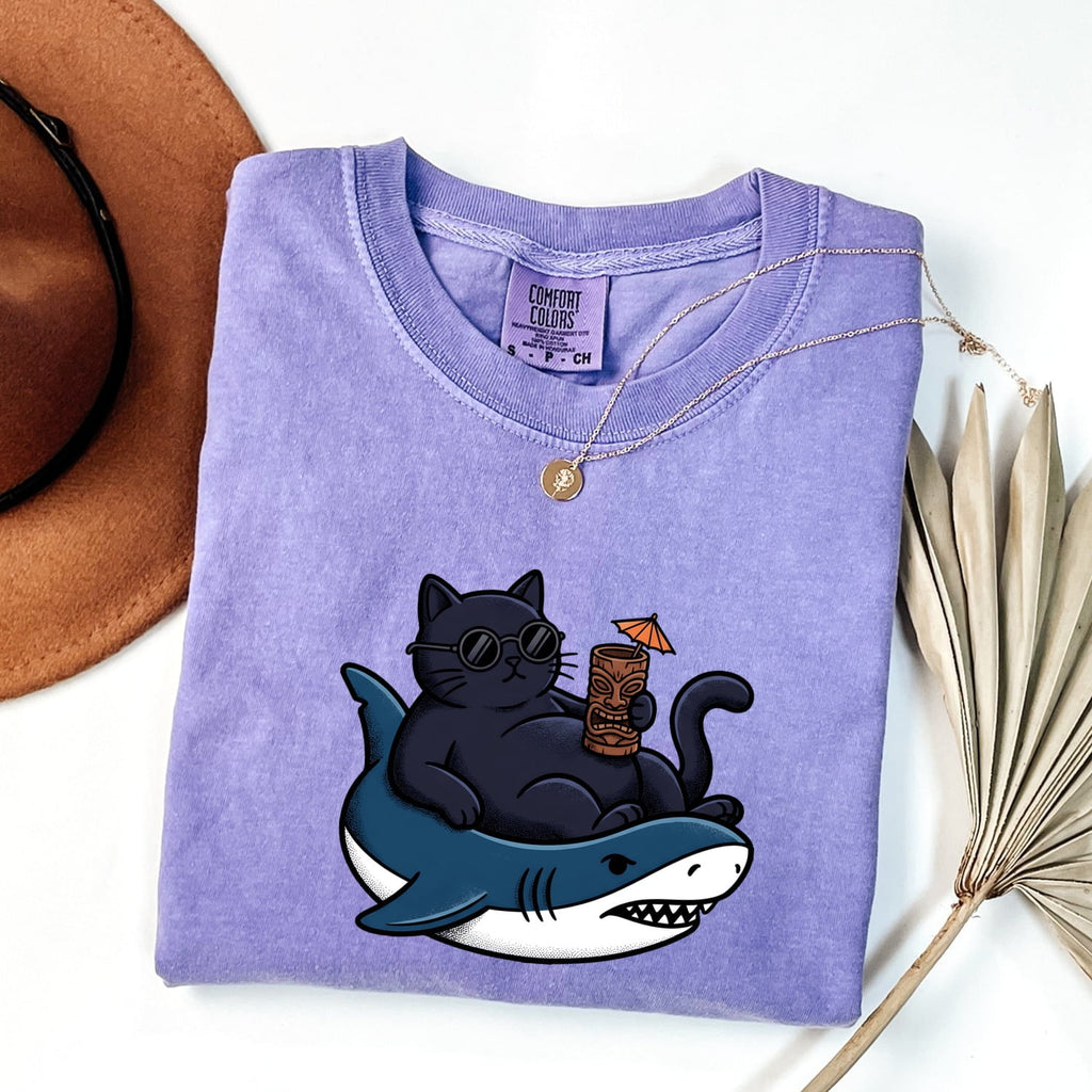 Funny Cat Riding Shark Shirt, Cool Cat Beach Vacation Tee