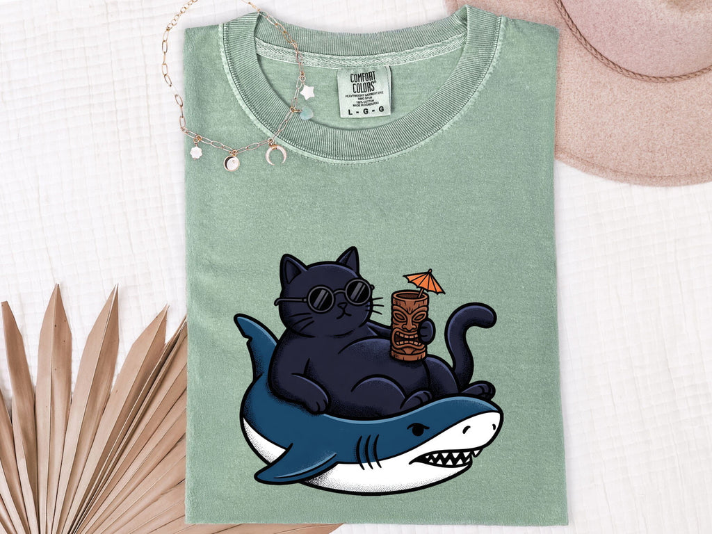 Funny Cat Riding Shark Shirt, Cool Cat Beach Vacation Tee