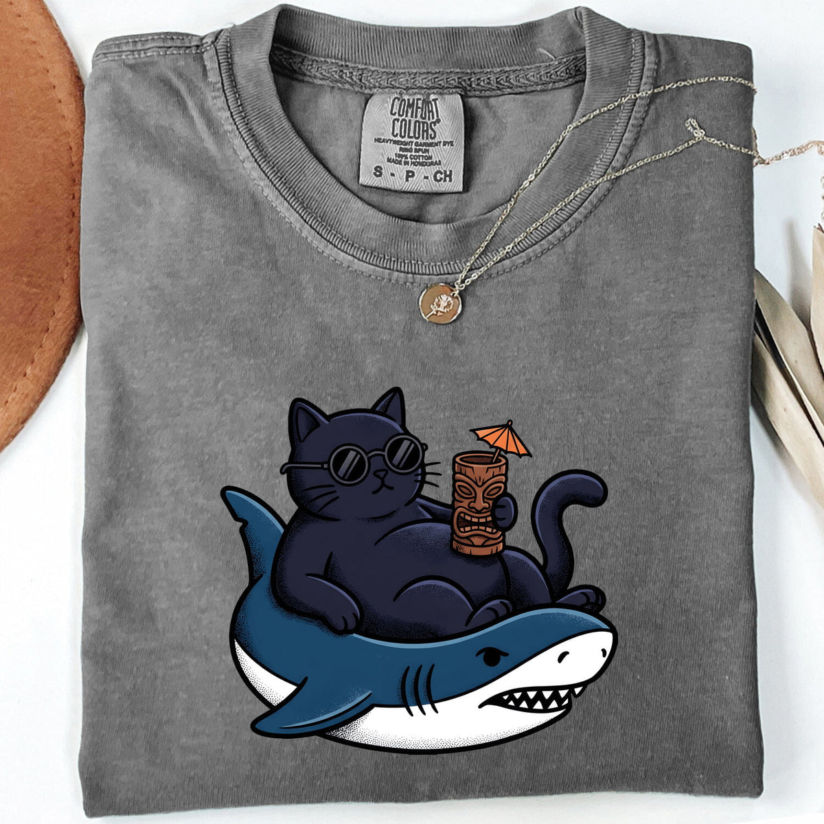 Funny Cat Riding Shark Shirt, Cool Cat Beach Vacation Tee