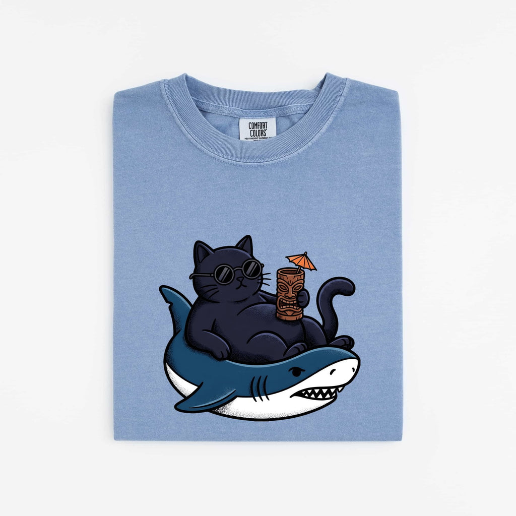 Funny Cat Riding Shark Shirt, Cool Cat Beach Vacation Tee