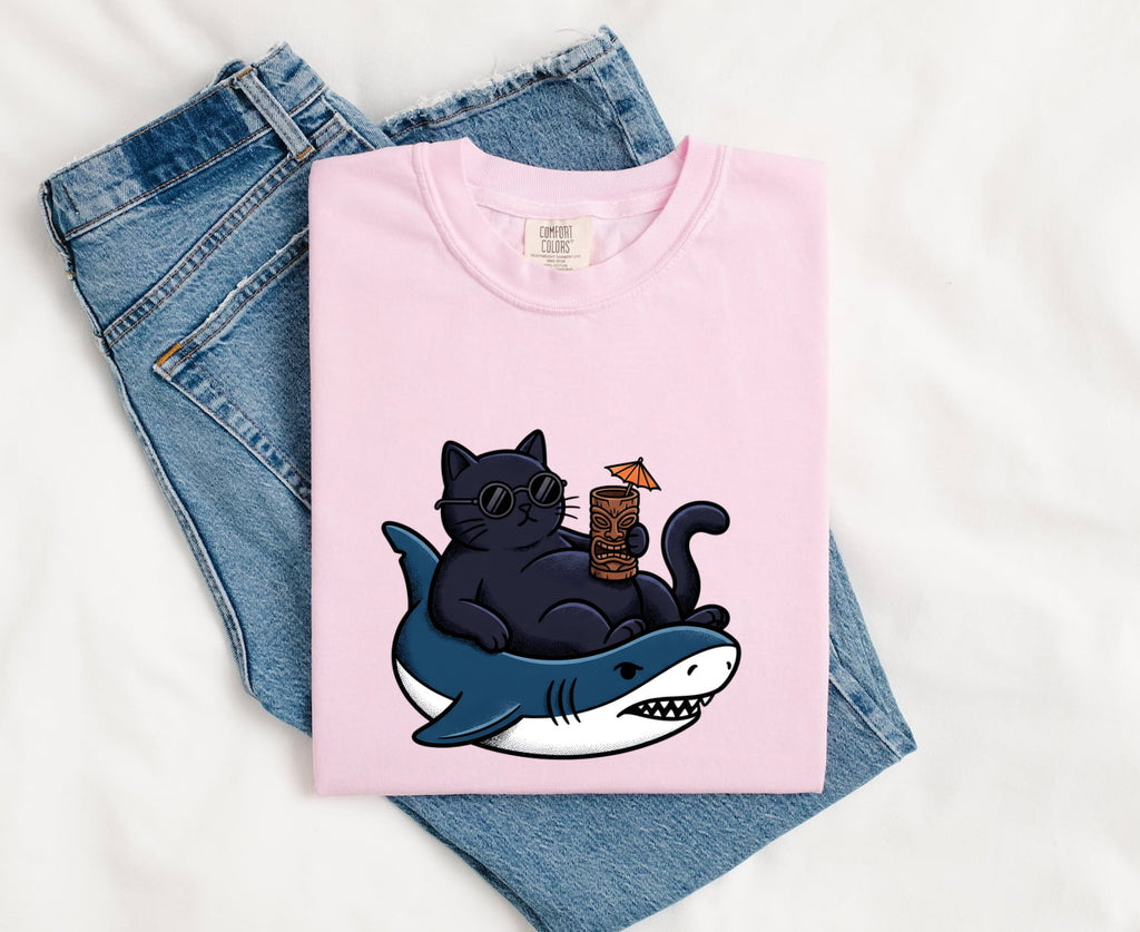 Funny Cat Riding Shark Shirt, Cool Cat Beach Vacation Tee
