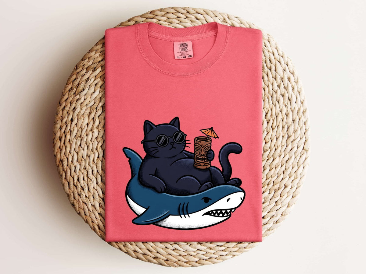 Funny Cat Riding Shark Shirt, Cool Cat Beach Vacation Tee