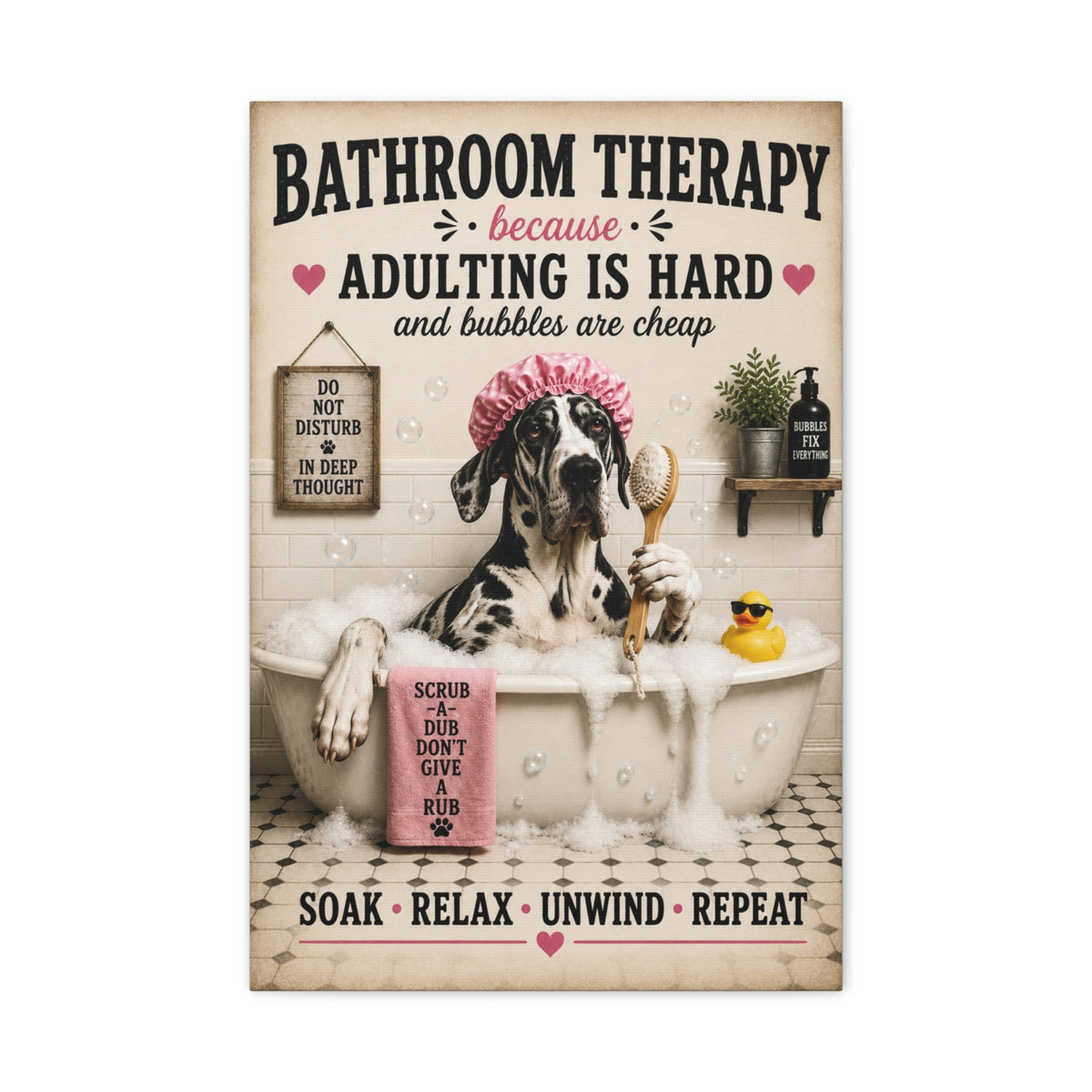 Funny Bathroom Therapy Canvas, Great Dane Dog Wall Art, Ready to Hang