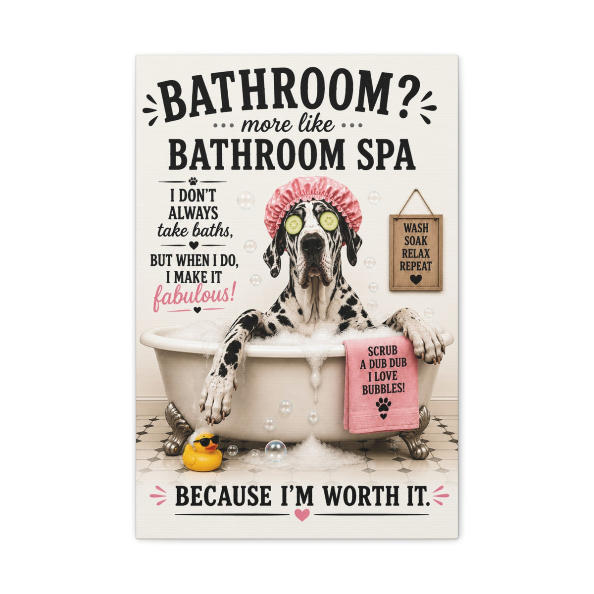 Funny Bathroom Spa Canvas, Great Dane Dog Wall Art, Ready to Hang