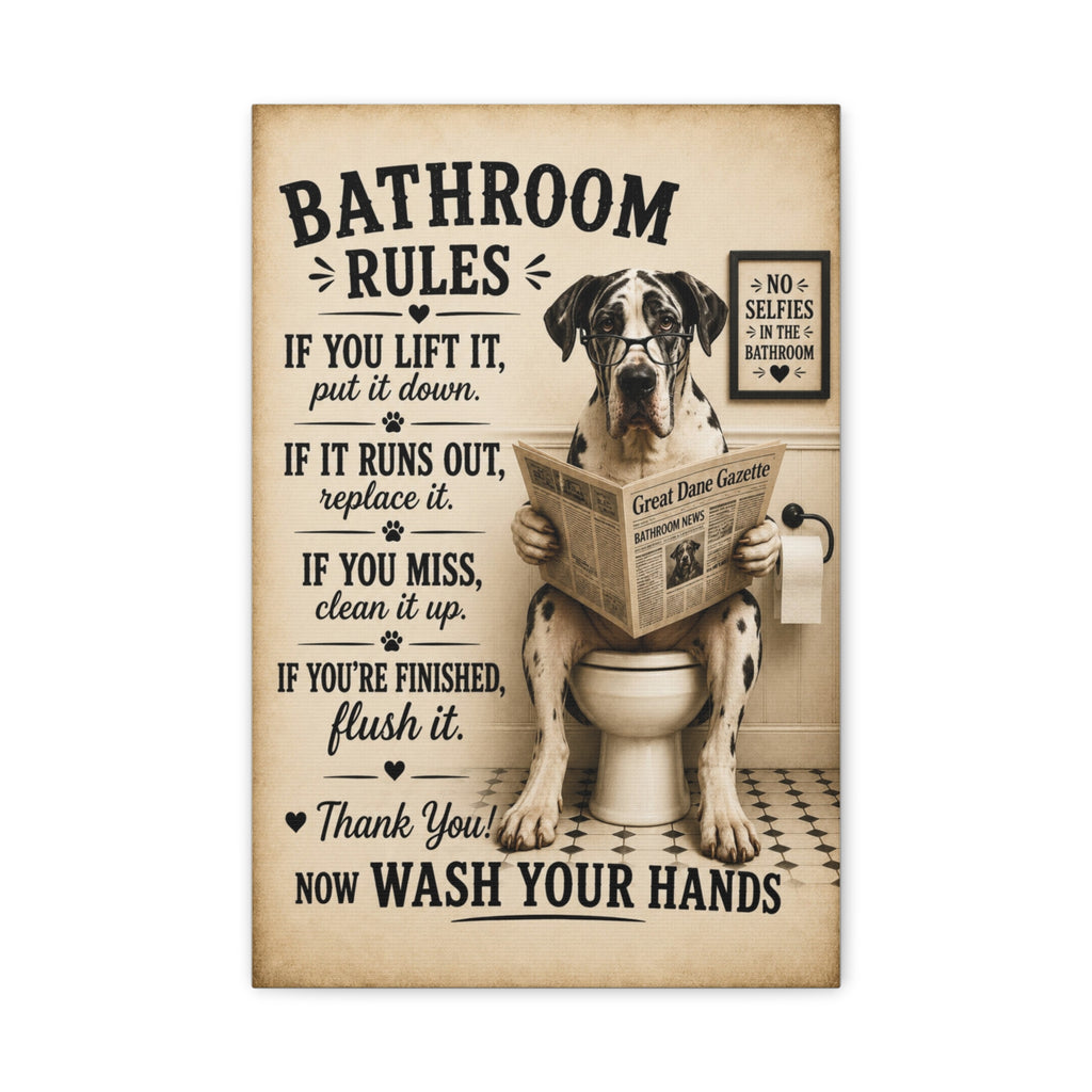 Funny Bathroom Rules Canvas, Great Dane Dog Wall Art, Ready to Hang