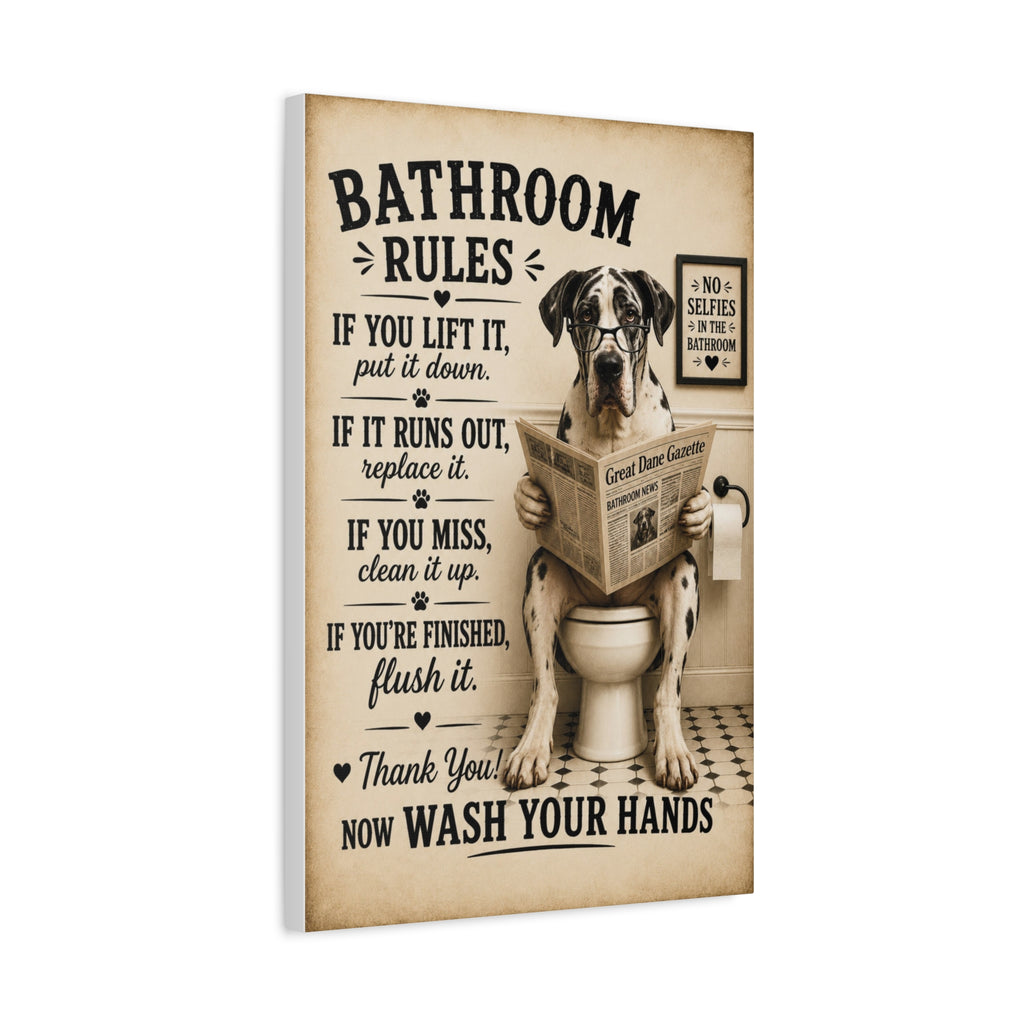 Funny Bathroom Rules Canvas, Great Dane Dog Wall Art, Ready to Hang
