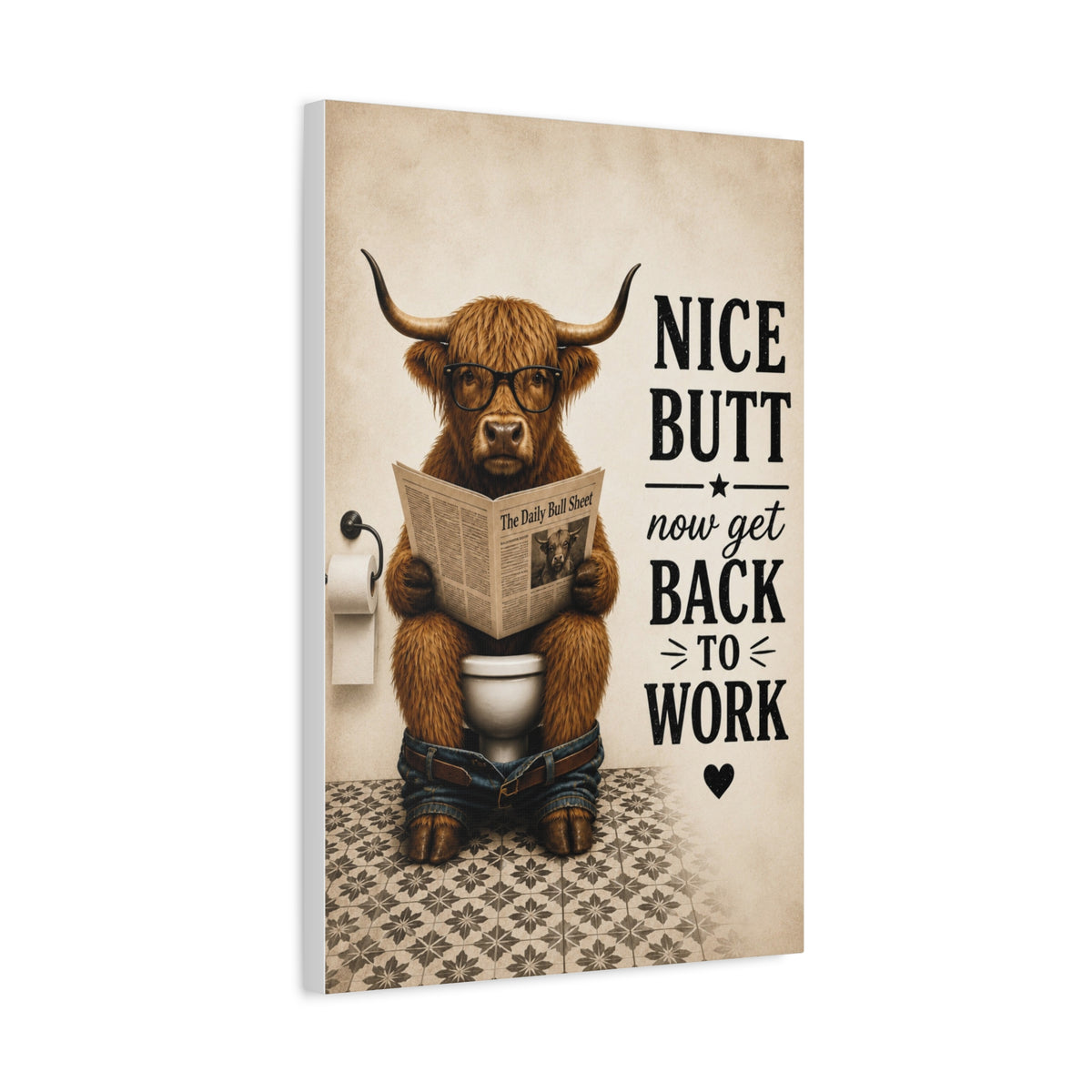 Funny Bathroom Canvas, Nice Butt Highland Cow Wall Art, Ready to Hang