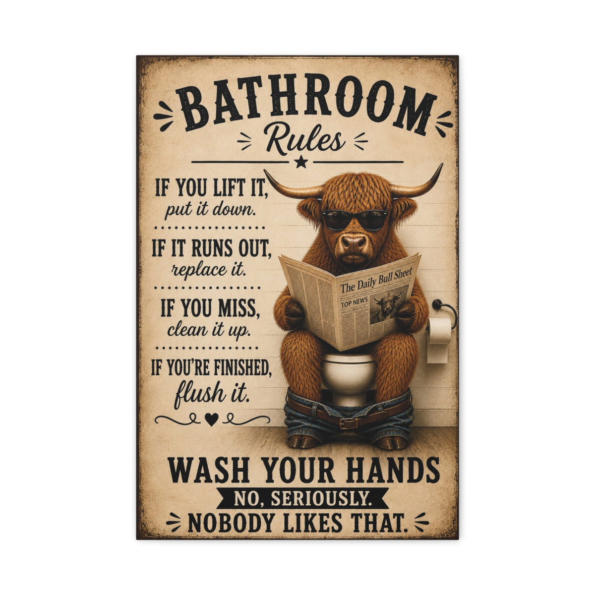 Funny Bathroom Rules Canvas, Highland Cow Wall Art, Ready to Hang