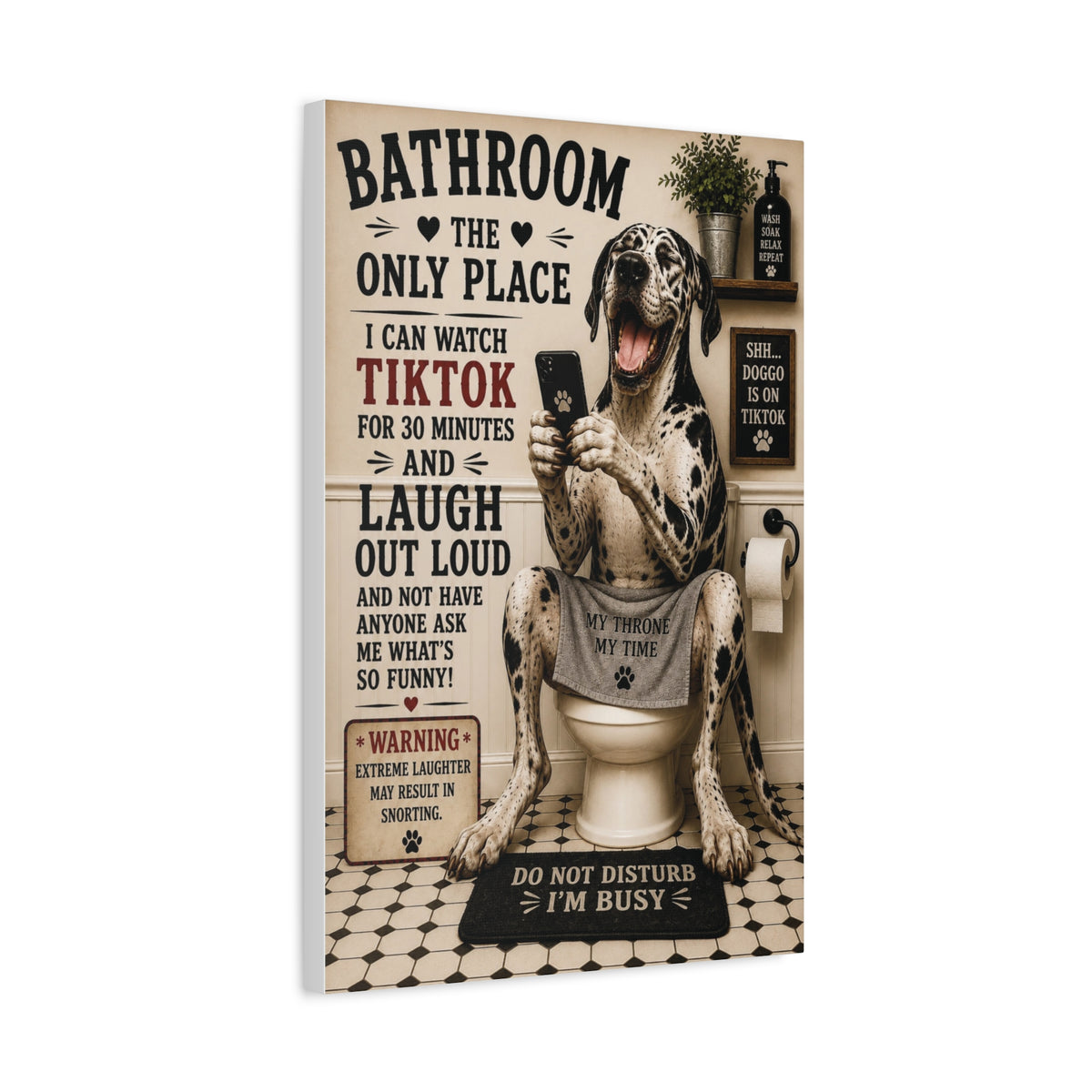 Funny Bathroom Canvas, Dog on Toilet Wall Art, Ready to Hang