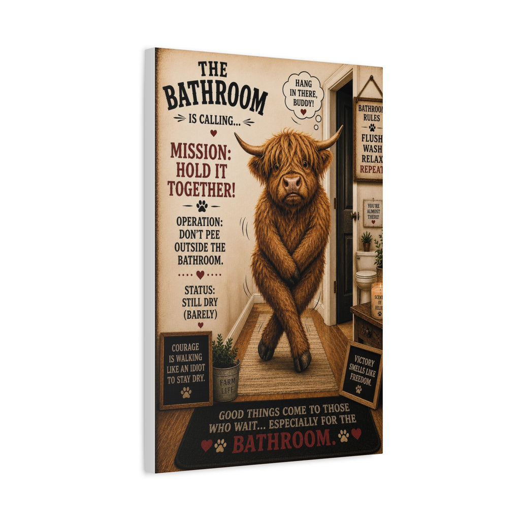Funny Bathroom Canvas, Highland Cow Wall Art, Bathroom Is Calling, Ready to Hang
