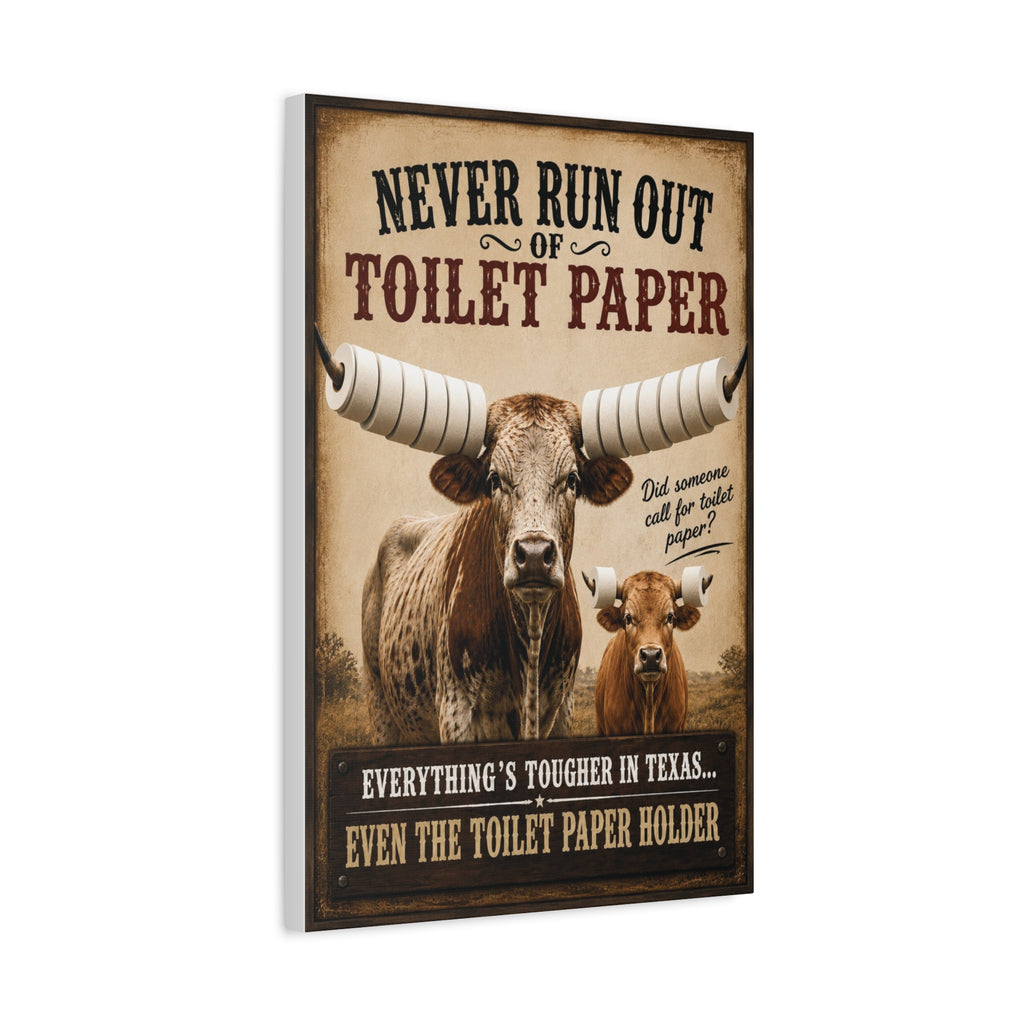 Funny Texas Bathroom Canvas, Longhorn Toilet Paper Wall Art, Ready to Hang